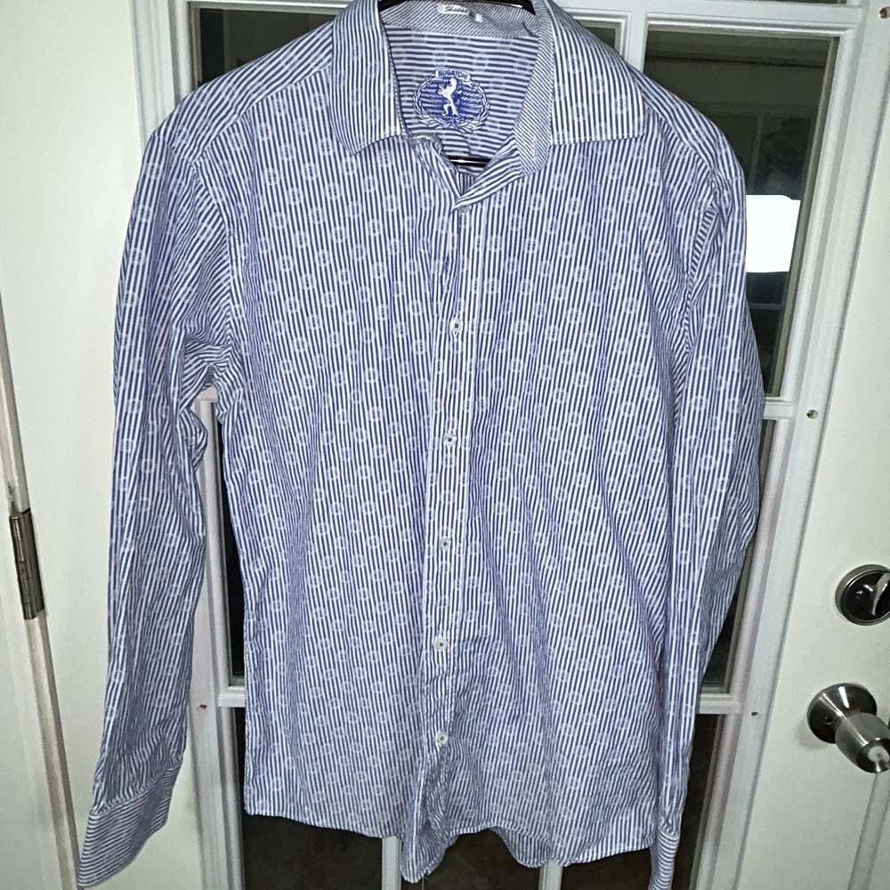 Bugatchi‎ Shaped Fit Blue White Stripe Medallion Print Dress Shirt Men's Medium - Picture 7 of 16
